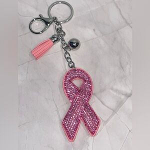 Pink Ribbon Rhinestone Keychain Bag Charm with Tassel